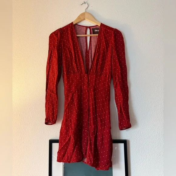 Reformation Rust Red Polka Dot Deep V Long-Sleeve Dress - Picture 3 of 8